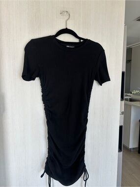 Zara Black Ruched Side-Tie Midi Dress